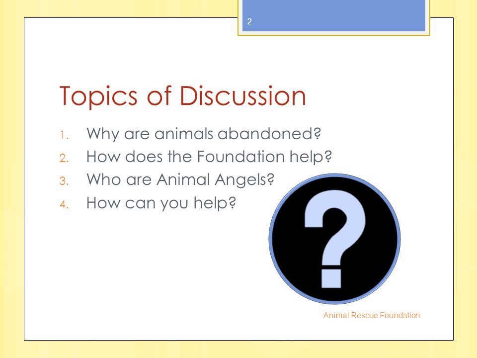 Topics of Discussion 1. Why are animals abandoned.