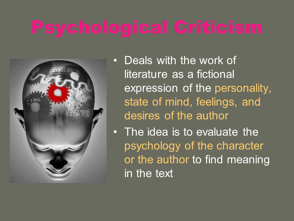 Psychological Criticism Deals with the work of literature as a fictional expression of the personality, state of mind, feelings, and desires of the author The idea is to evaluate the psychology of the character or the author to find meaning in the text