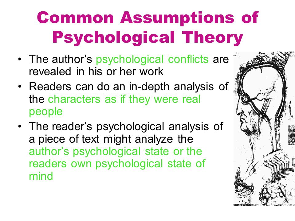 Common Assumptions of Psychological Theory The author’s psychological conflicts are revealed in his or her work Readers can do an in-depth analysis of the characters as if they were real people The reader’s psychological analysis of a piece of text might analyze the author’s psychological state or the readers own psychological state of mind