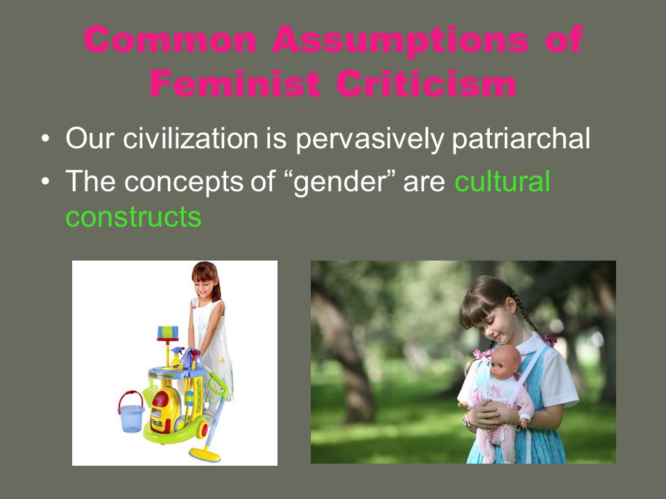 Common Assumptions of Feminist Criticism Our civilization is pervasively patriarchal The concepts of gender are cultural constructs