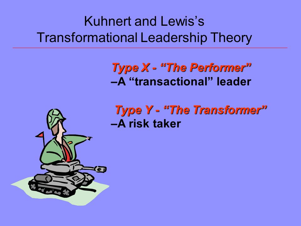 Kuhnert and Lewis’s Transformational Leadership Theory Type X - The Performer –A transactional leader Type Y- The Transformer Type Y - The Transformer –A risk taker