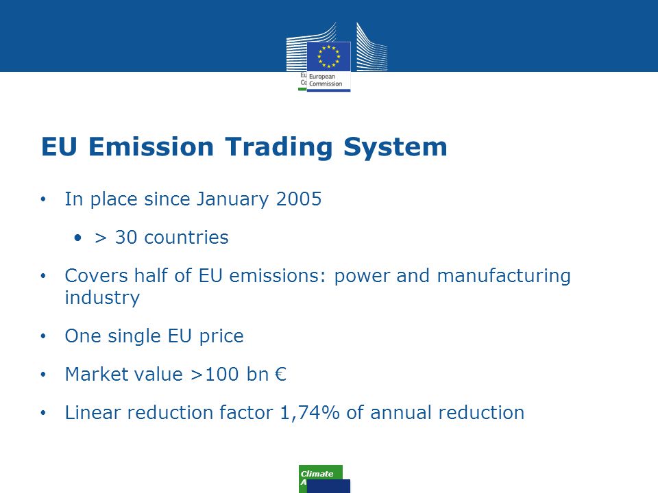 Climate Action EU Emission Trading System In place since January 2005 > 30 countries Covers half of EU emissions: power and manufacturing industry One single EU price Market value >100 bn € Linear reduction factor 1,74% of annual reduction