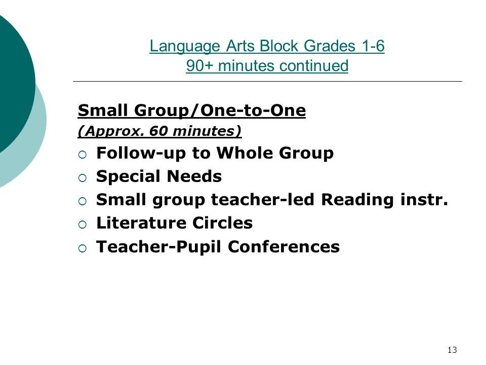 13 Language Arts Block Grades minutes continued Small Group/One-to-One (Approx.
