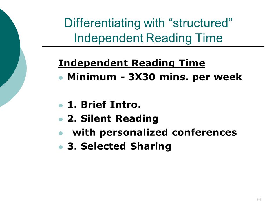 14 Differentiating with structured Independent Reading Time Independent Reading Time Minimum - 3X30 mins.