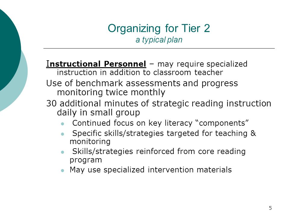 5 Organizing for Tier 2 a typical plan I nstructional Personnel – may require specialized instruction in addition to classroom teacher Use of benchmark assessments and progress monitoring twice monthly 30 additional minutes of strategic reading instruction daily in small group Continued focus on key literacy components Specific skills/strategies targeted for teaching & monitoring Skills/strategies reinforced from core reading program May use specialized intervention materials