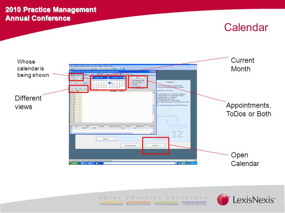 2010 Practice Management Annual Conference Calendar Whose calendar is being shown Different views Current Month Appointments, ToDos or Both Open Calendar