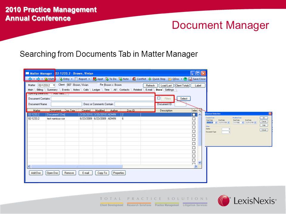 2010 Practice Management Annual Conference Document Manager Searching from Documents Tab in Matter Manager