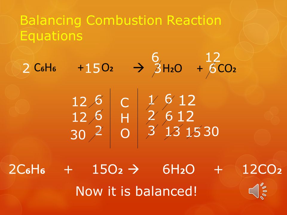 How to Setup Combustion Reaction Balancing Equations  Say you have C 6 H 6, this is how you set up a hydrocarbon combustion reaction.