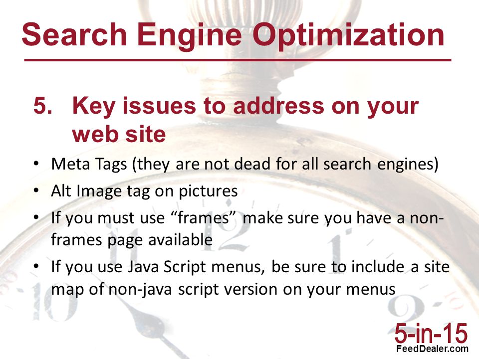 FeedDealer.com 5.Key issues to address on your web site Meta Tags (they are not dead for all search engines) Alt Image tag on pictures If you must use frames make sure you have a non- frames page available If you use Java Script menus, be sure to include a site map of non-java script version on your menus Search Engine Optimization