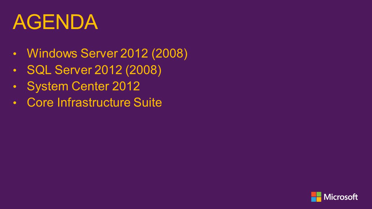 AGENDA Windows Server 2012 (2008) SQL Server 2012 (2008) System Center 2012 Core Infrastructure Suite