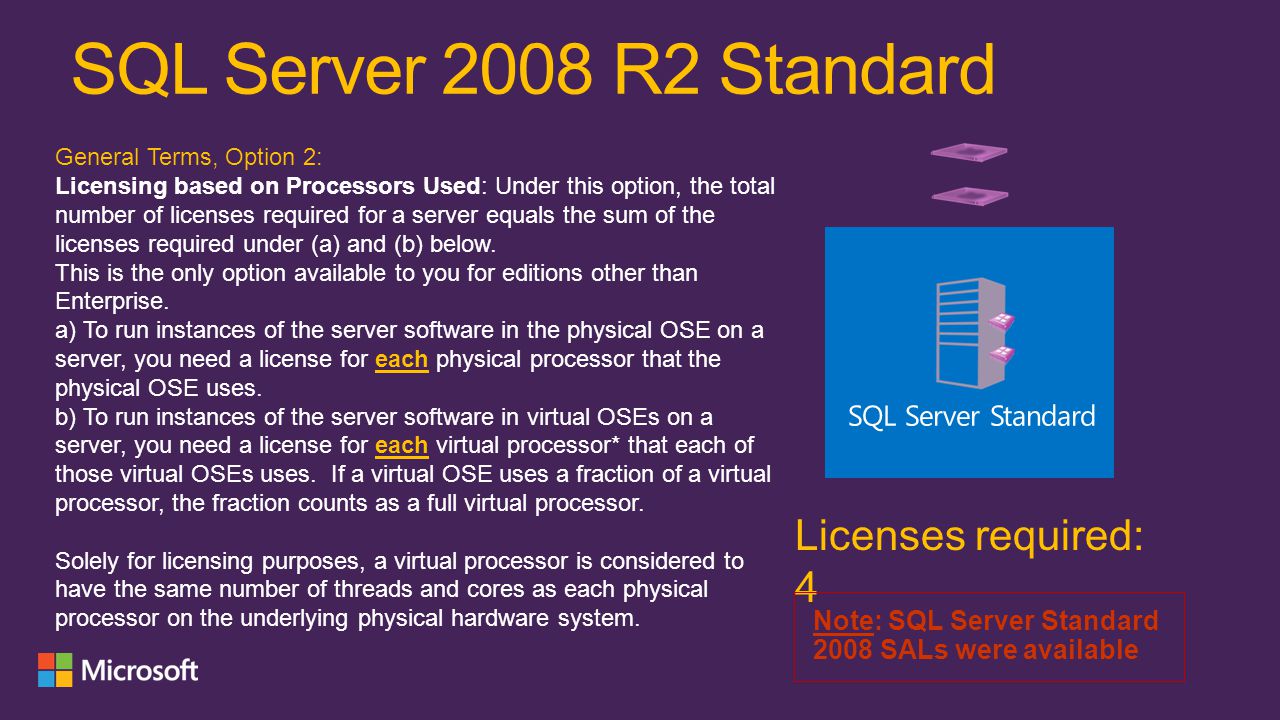 SQL Server 2008 R2 Standard Licenses required: 4 General Terms, Option 2: Licensing based on Processors Used: Under this option, the total number of licenses required for a server equals the sum of the licenses required under (a) and (b) below.