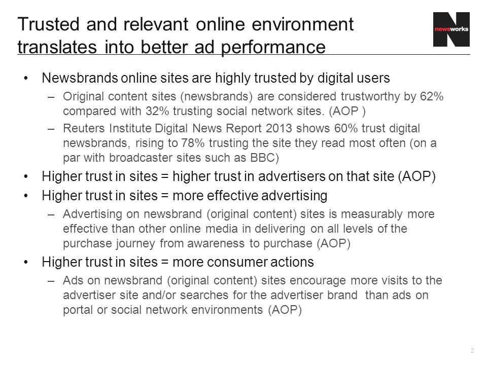 Newsbrands online sites are highly trusted by digital users –Original content sites (newsbrands) are considered trustworthy by 62% compared with 32% trusting social network sites.