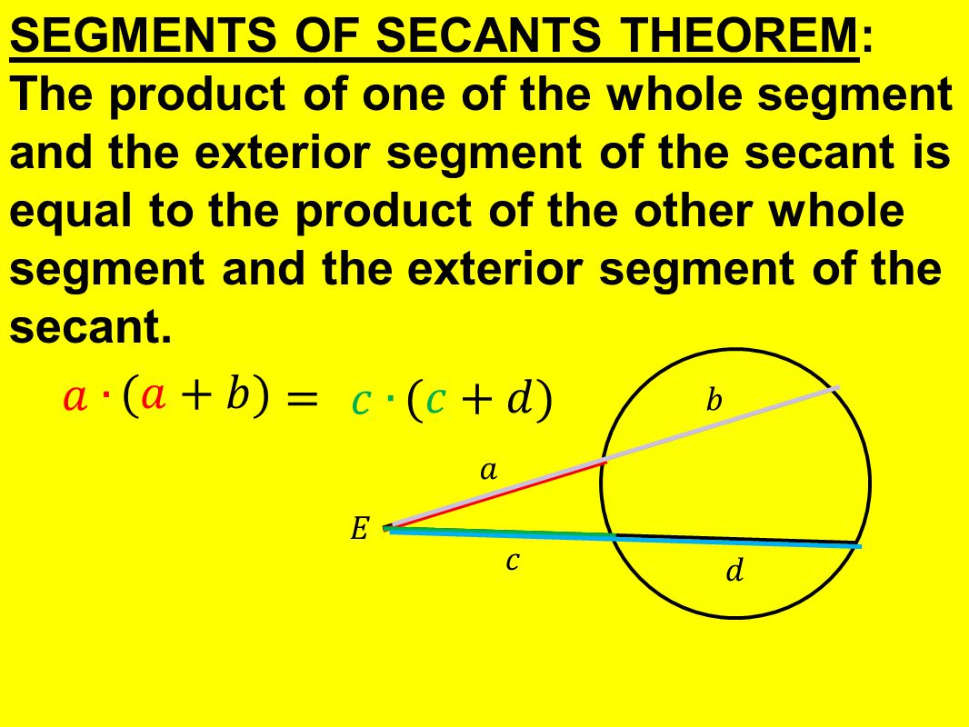 SEGMENTS OF SECANTS THEOREM: The product of one of the whole segment and the exterior segment of the secant is equal to the product of the other whole segment and the exterior segment of the secant.