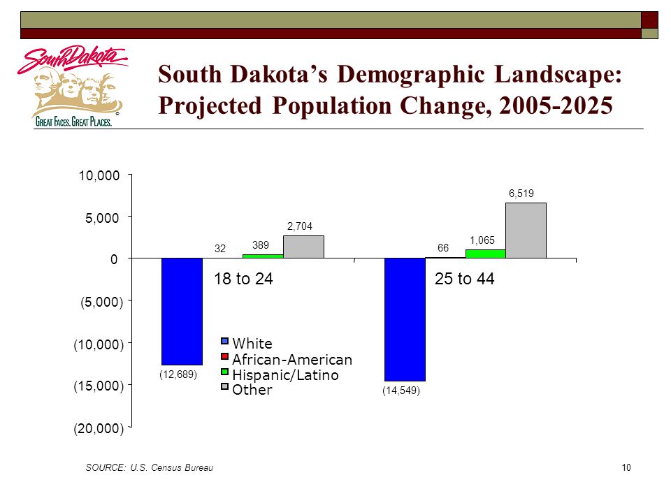 10 South Dakota’s Demographic Landscape: Projected Population Change, (12,689) (14,549) ,065 2,704 6,519 (20,000) (15,000) (10,000) (5,000) 0 5,000 10, to 2425 to 44 White African-American Hispanic/Latino Other SOURCE: U.S.