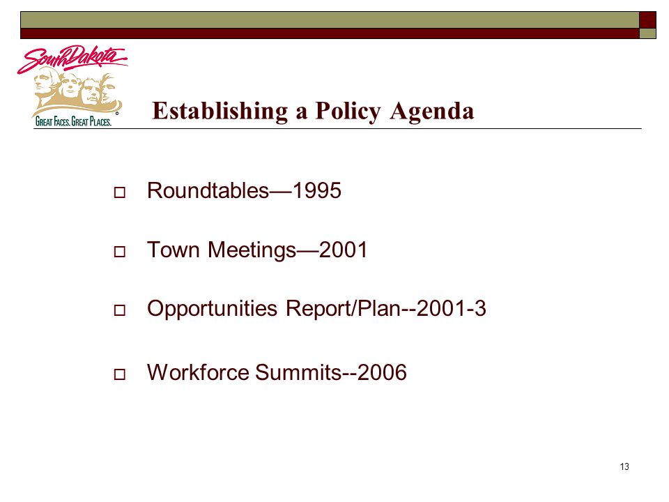 13 Establishing a Policy Agenda  Roundtables—1995  Town Meetings—2001  Opportunities Report/Plan  Workforce Summits--2006