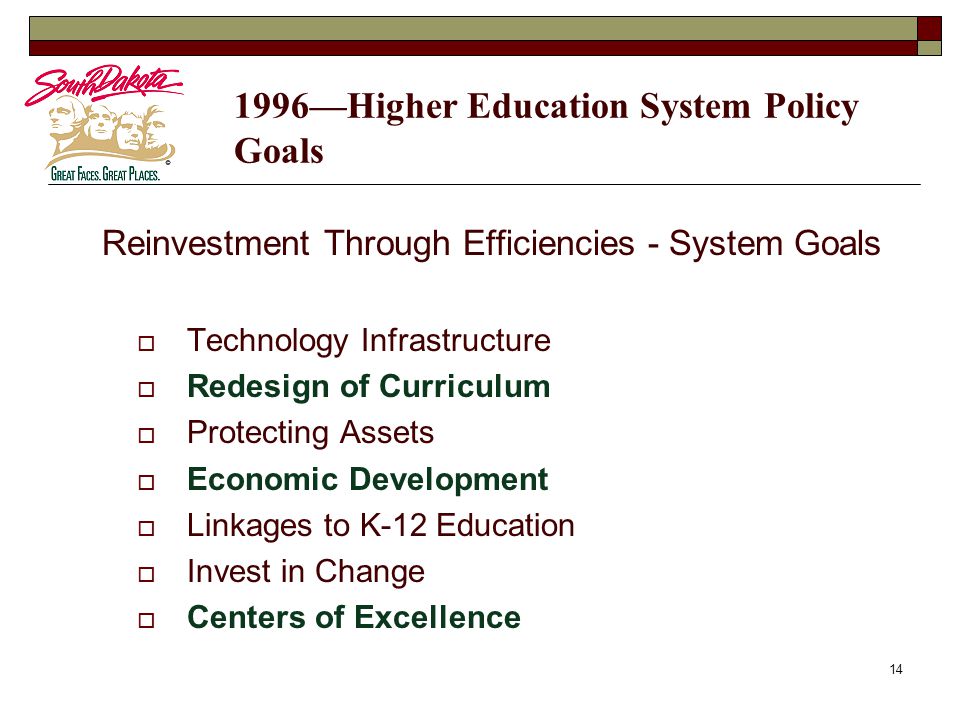 —Higher Education System Policy Goals Reinvestment Through Efficiencies - System Goals  Technology Infrastructure  Redesign of Curriculum  Protecting Assets  Economic Development  Linkages to K-12 Education  Invest in Change  Centers of Excellence