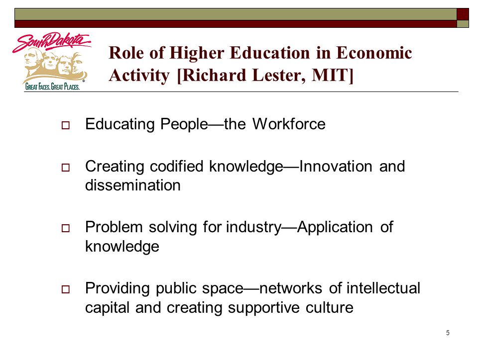 5 Role of Higher Education in Economic Activity [Richard Lester, MIT]  Educating People—the Workforce  Creating codified knowledge—Innovation and dissemination  Problem solving for industry—Application of knowledge  Providing public space—networks of intellectual capital and creating supportive culture