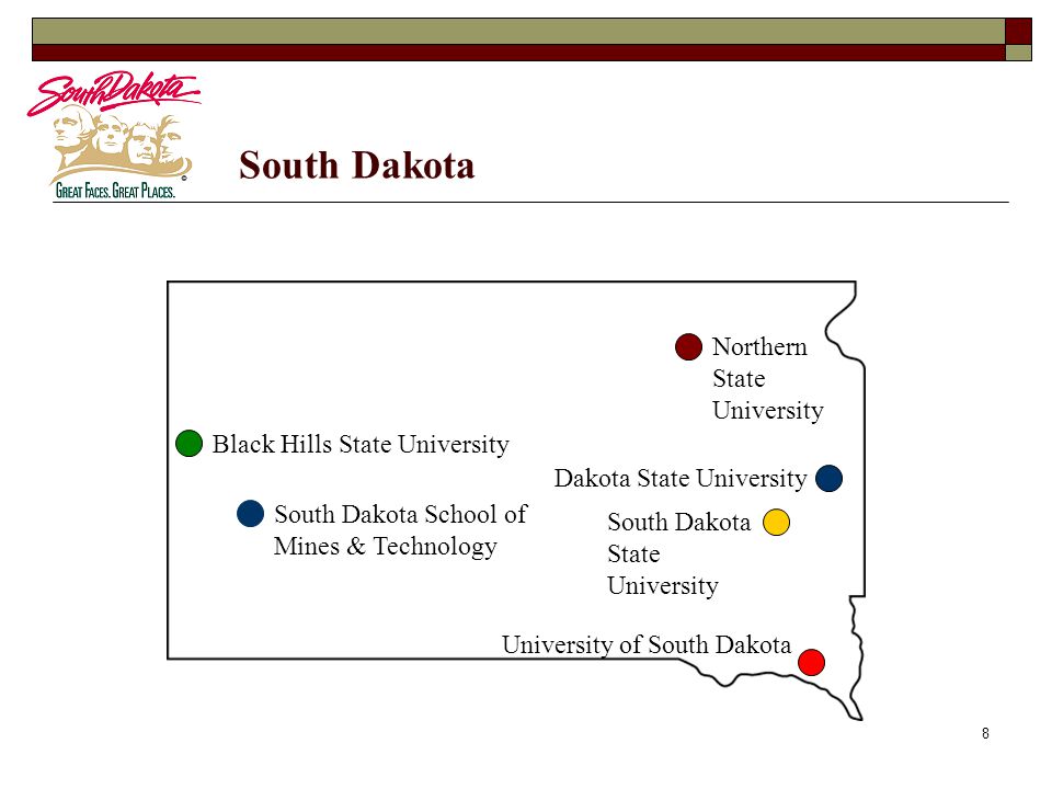 8 South Dakota Black Hills State University South Dakota School of Mines & Technology Northern State University Dakota State University South Dakota State University University of South Dakota