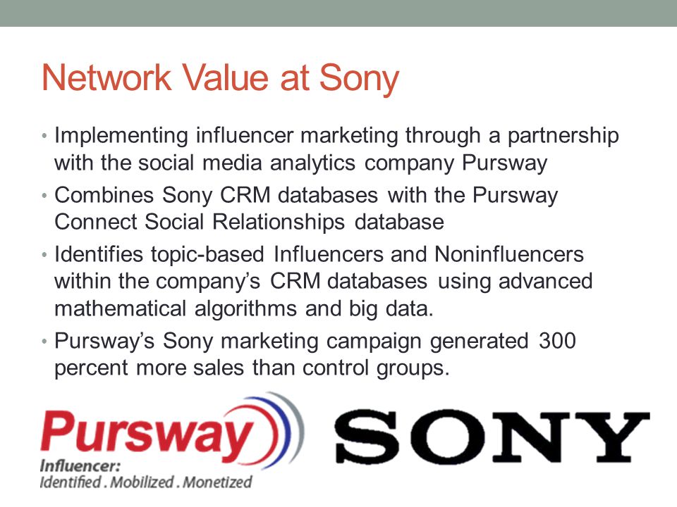 Network Value at Sony Implementing influencer marketing through a partnership with the social media analytics company Pursway Combines Sony CRM databases with the Pursway Connect Social Relationships database Identifies topic-based Influencers and Noninfluencers within the company’s CRM databases using advanced mathematical algorithms and big data.