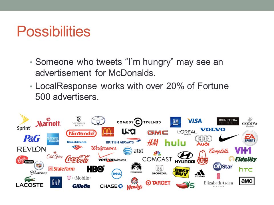 Possibilities Someone who tweets I’m hungry may see an advertisement for McDonalds.
