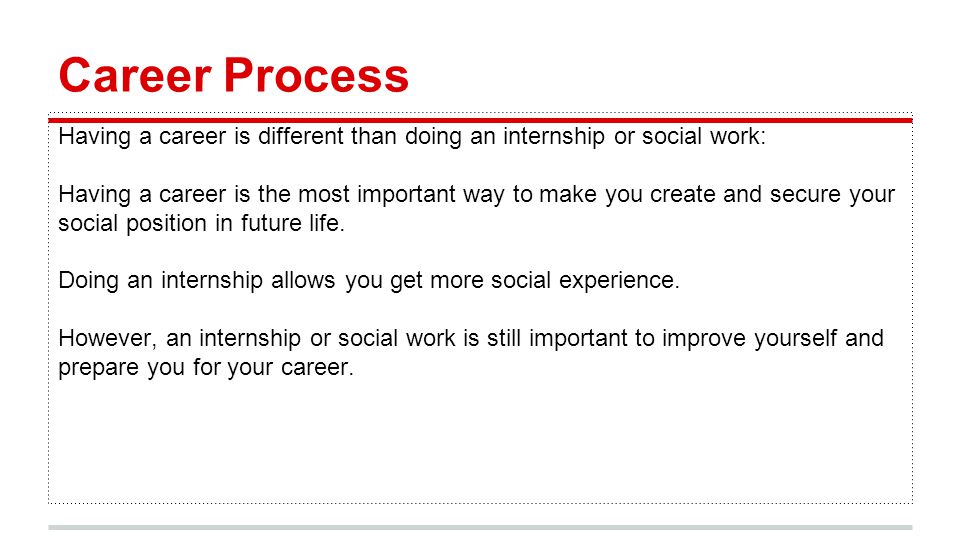 Career Process Having a career is different than doing an internship or social work: Having a career is the most important way to make you create and secure your social position in future life.