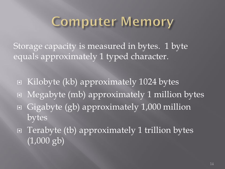 Storage capacity is measured in bytes. 1 byte equals approximately 1 typed character.