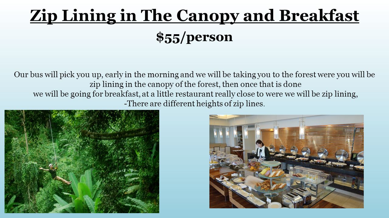 Zip Lining in The Canopy and Breakfast $55/person Our bus will pick you up, early in the morning and we will be taking you to the forest were you will be zip lining in the canopy of the forest, then once that is done we will be going for breakfast, at a little restaurant really close to were we will be zip lining, -There are different heights of zip lines.