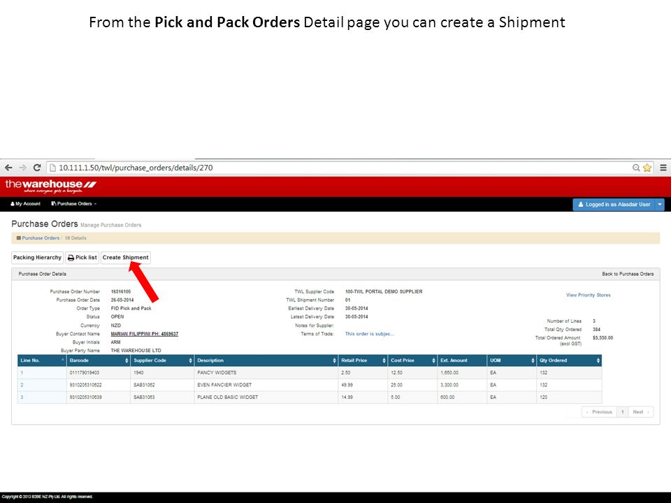 From the Pick and Pack Orders Detail page you can create a Shipment