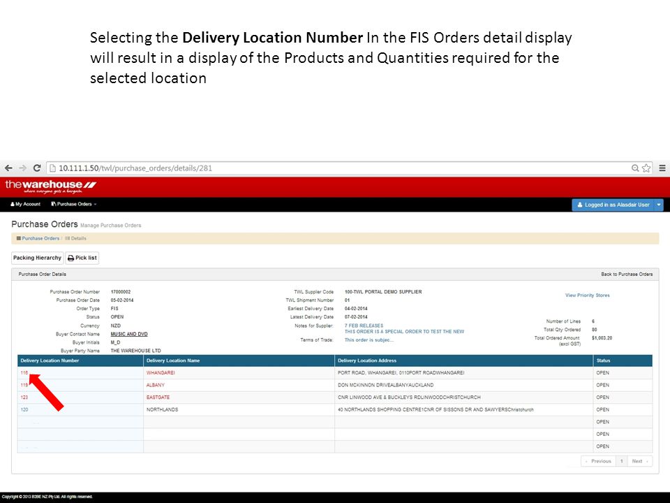 Selecting the Delivery Location Number In the FIS Orders detail display will result in a display of the Products and Quantities required for the selected location