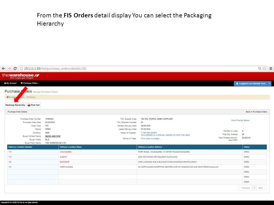 From the FIS Orders detail display You can select the Packaging Hierarchy