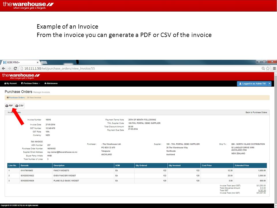 Example of an Invoice From the invoice you can generate a PDF or CSV of the invoice