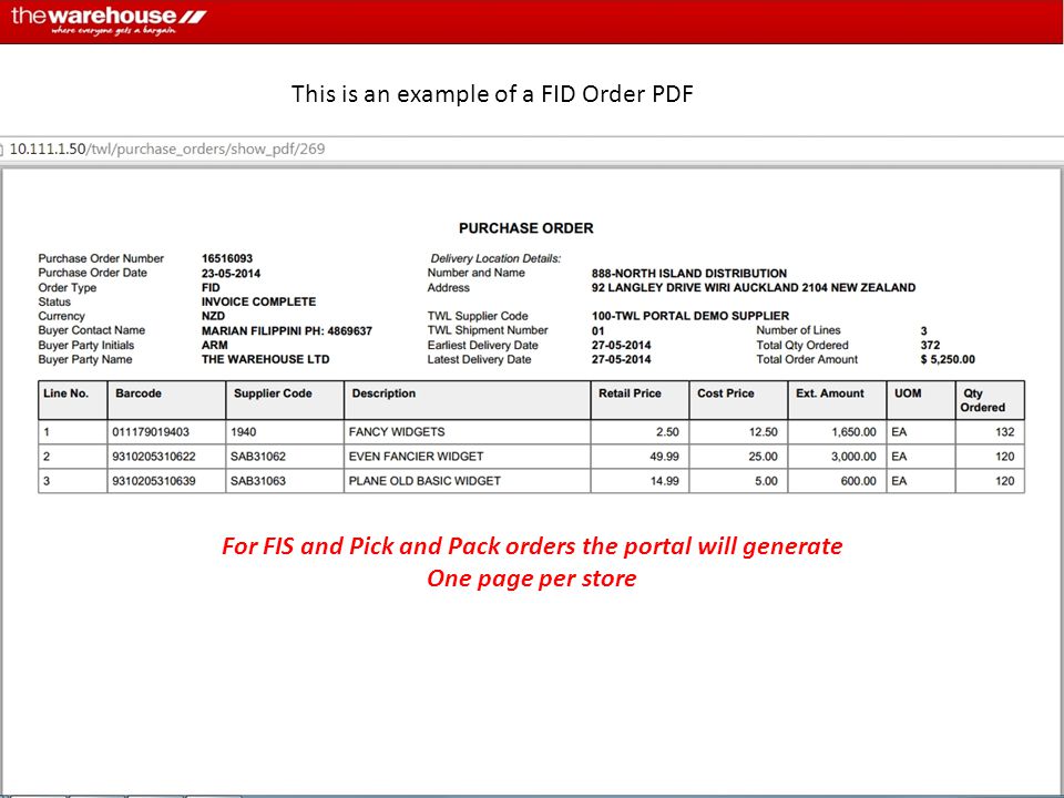 This is an example of a FID Order PDF For FIS and Pick and Pack orders the portal will generate One page per store