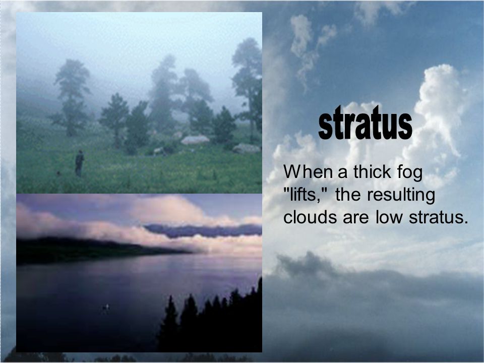 When a thick fog lifts, the resulting clouds are low stratus.