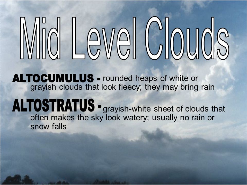 rounded heaps of white or grayish clouds that look fleecy; they may bring rain grayish-white sheet of clouds that often makes the sky look watery; usually no rain or snow falls