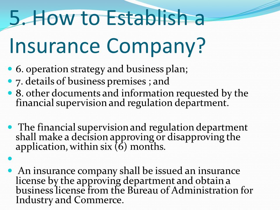 5. How to Establish a Insurance Company. 6. operation strategy and business plan; 7.
