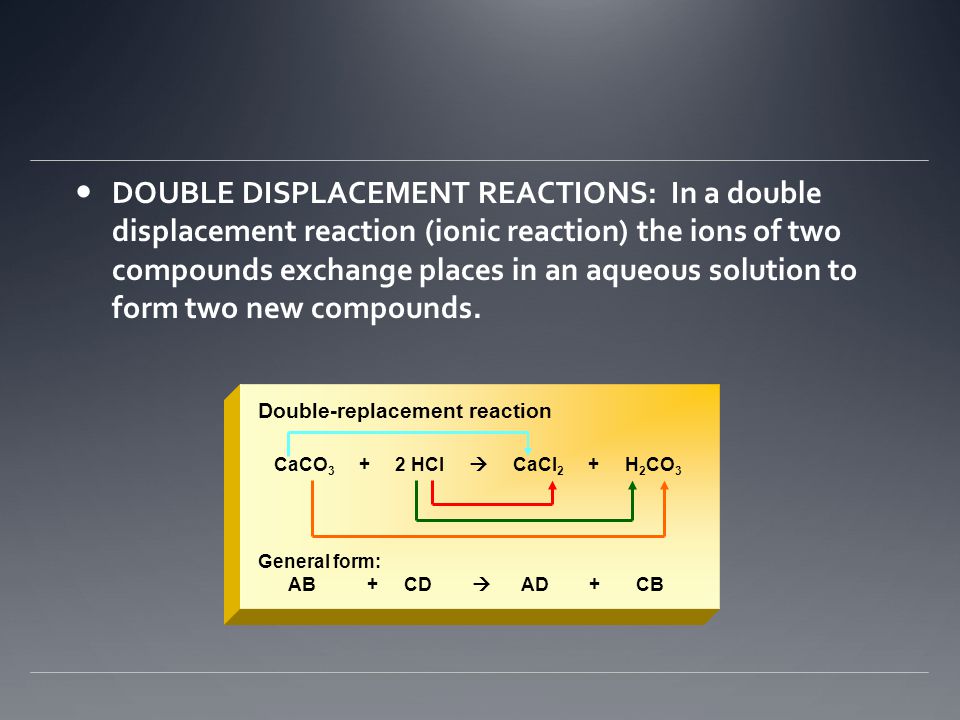 DOUBLE DISPLACEMENT REACTIONS: In a double displacement reaction (ionic reaction) the ions of two compounds exchange places in an aqueous solution to form two new compounds.