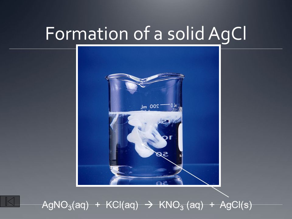 Formation of a solid AgCl AgNO 3 (aq) + KCl(aq)  KNO 3 (aq) + AgCl(s)