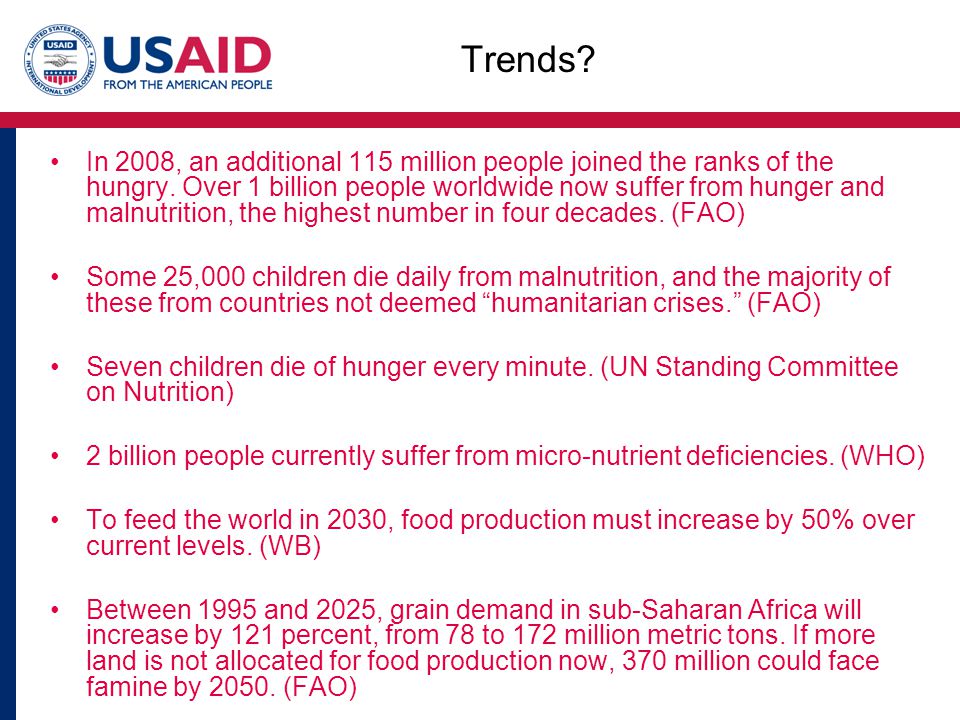 Trends. In 2008, an additional 115 million people joined the ranks of the hungry.