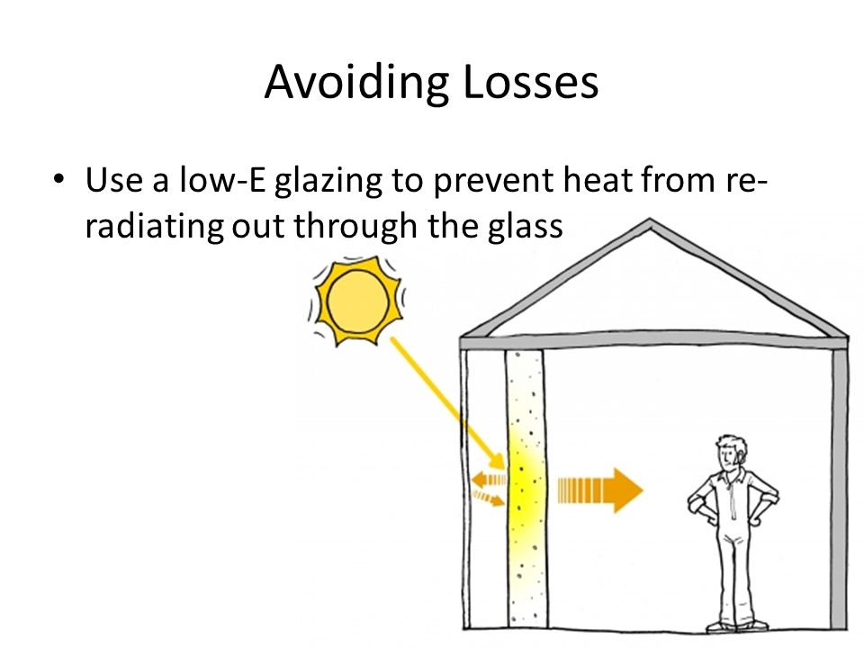 Avoiding Losses Use a low-E glazing to prevent heat from re- radiating out through the glass