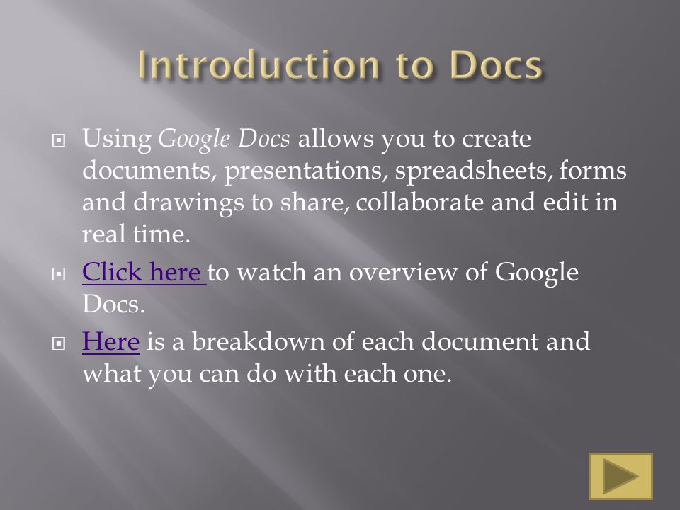  Using Google Docs allows you to create documents, presentations, spreadsheets, forms and drawings to share, collaborate and edit in real time.