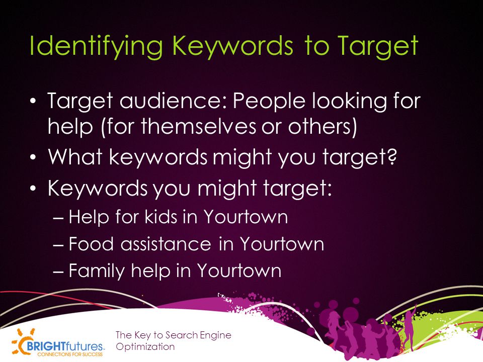 Identifying Keywords to Target Target audience: People looking for help (for themselves or others) What keywords might you target.
