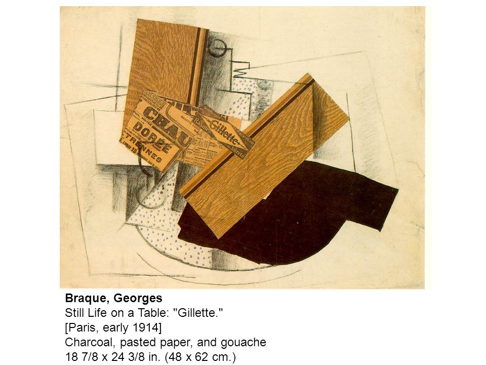 Braque, Georges Still Life on a Table: Gillette. [Paris, early 1914] Charcoal, pasted paper, and gouache 18 7/8 x 24 3/8 in.