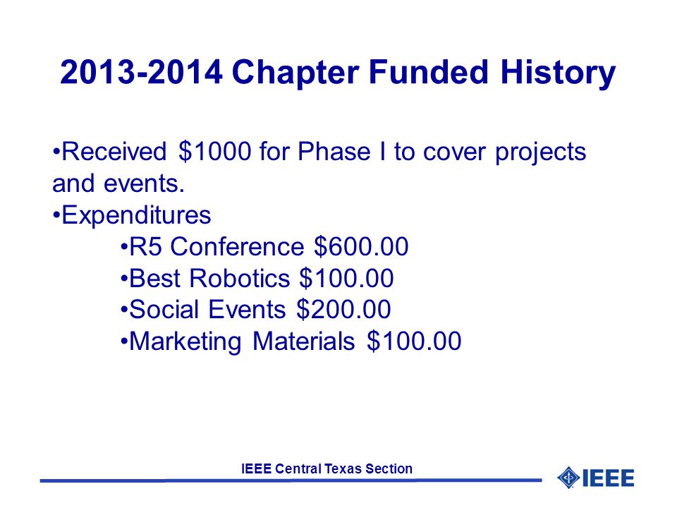 IEEE Central Texas Section Chapter Funded History Received $1000 for Phase I to cover projects and events.