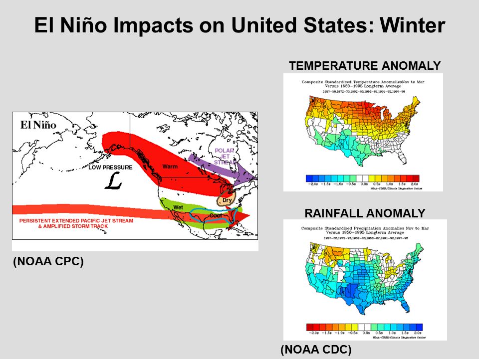 El Niño Impacts on United States: Winter (NOAA CDC) (NOAA CPC) TEMPERATURE ANOMALY RAINFALL ANOMALY