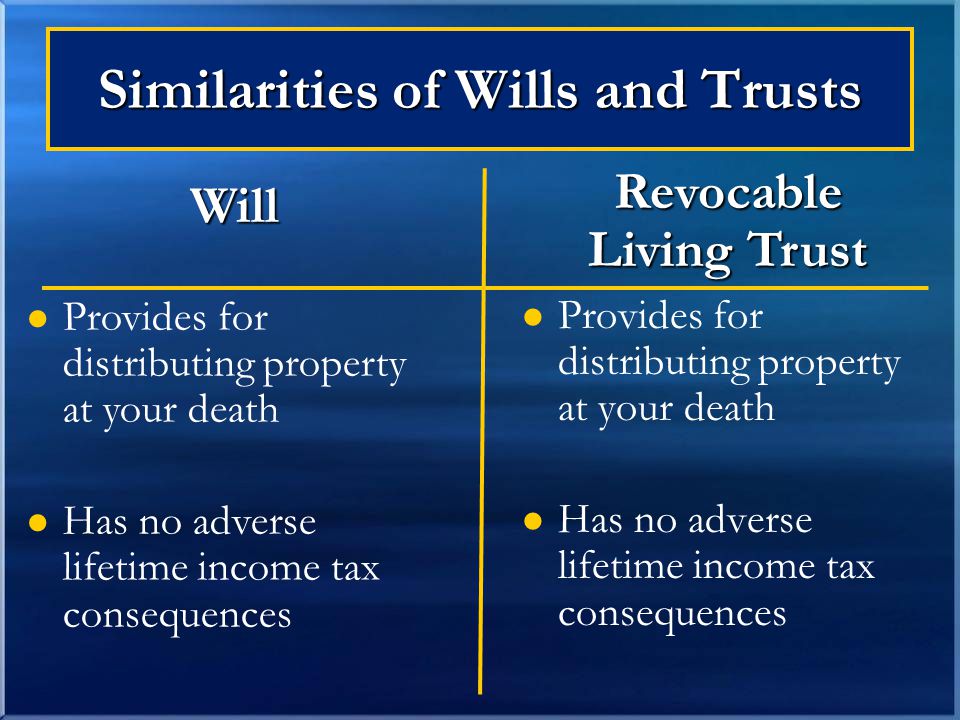 Similarities of Wills and Trusts Provides for distributing property at your death Has no adverse lifetime income tax consequences Will Provides for distributing property at your death Has no adverse lifetime income tax consequences Revocable Living Trust
