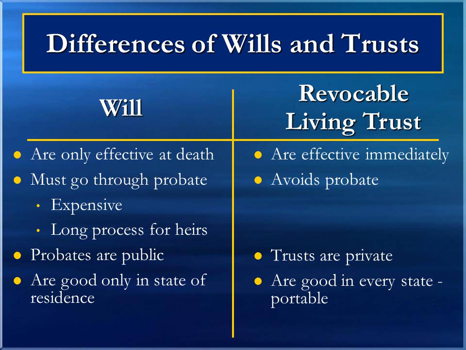 Differences of Wills and Trusts Are effective immediately Avoids probate Trusts are private Are good in every state - portable Will Are only effective at death Must go through probate Expensive Long process for heirs Probates are public Are good only in state of residence Revocable Living Trust