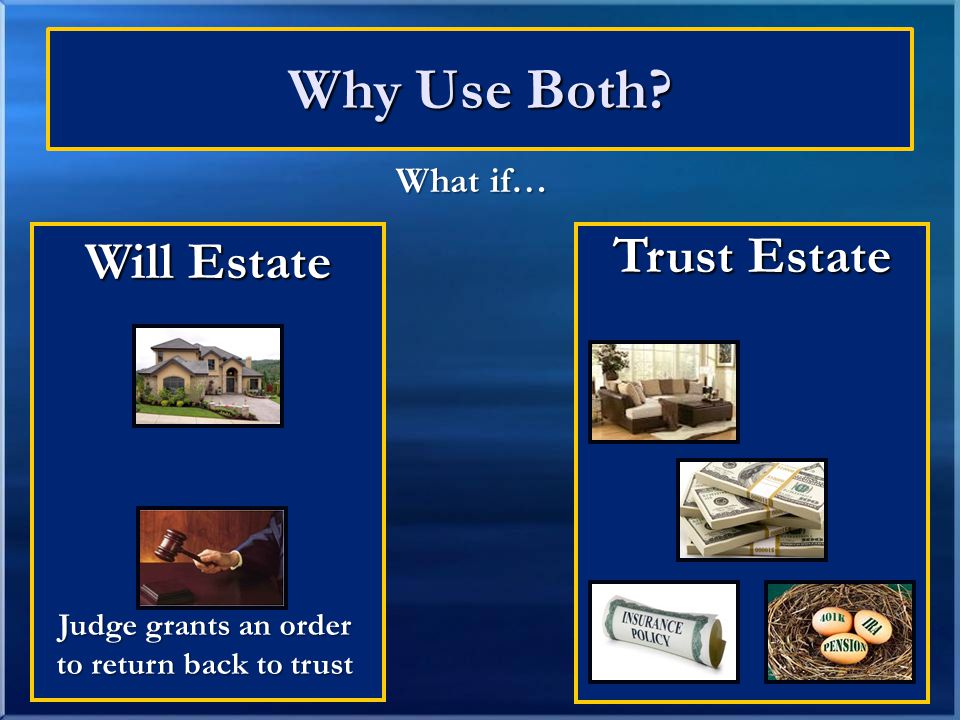 Trust Estate Why Use Both Will Estate What if… Judge grants an order to return back to trust