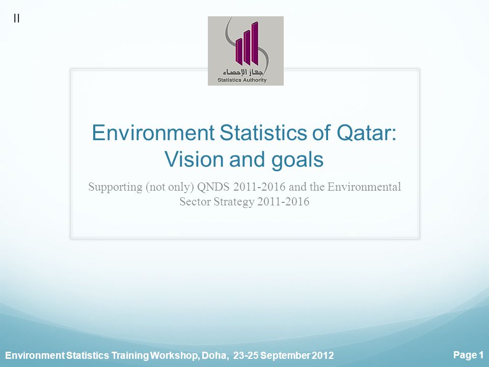 Environment Statistics Training Workshop, Doha, September 2012 Page 1 Environment Statistics of Qatar: Vision and goals Supporting (not only) QNDS and the Environmental Sector Strategy II