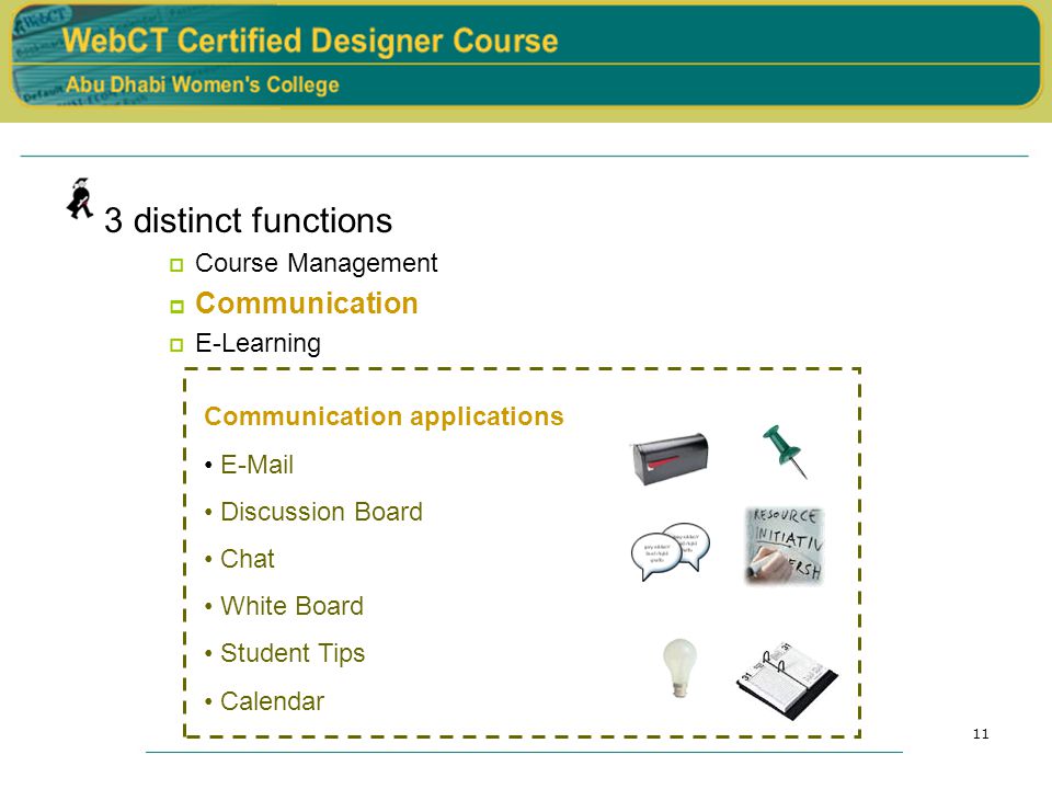 11 3 distinct functions  Course Management  Communication  E-Learning Communication applications  Discussion Board Chat White Board Student Tips Calendar