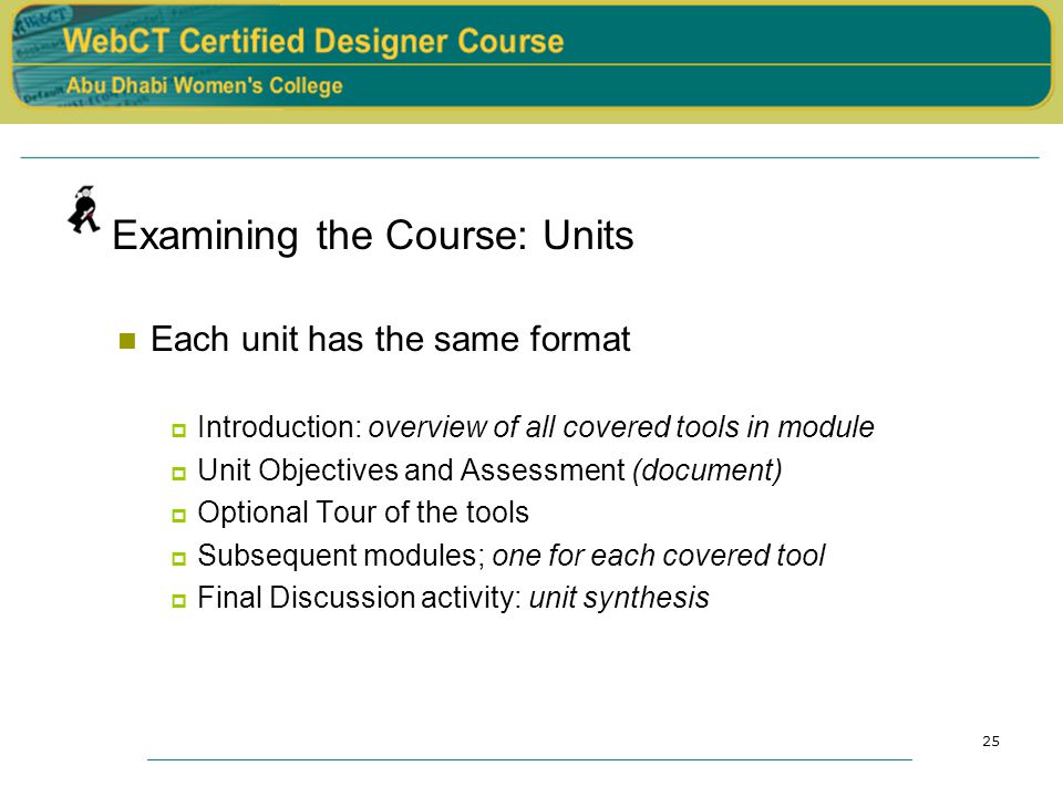 25 Examining the Course: Units Each unit has the same format  Introduction: overview of all covered tools in module  Unit Objectives and Assessment (document)  Optional Tour of the tools  Subsequent modules; one for each covered tool  Final Discussion activity: unit synthesis